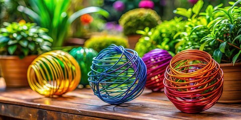 Stylish tabletop house decorations featuring unique wire coil designs and surrounded by greenery, ideal for real estate showcases and moving-themed gatherings, bringing a touch of elegance.