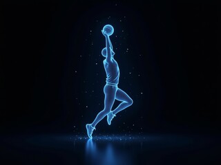 Futuristic hologram of basketball player jumping on dark background