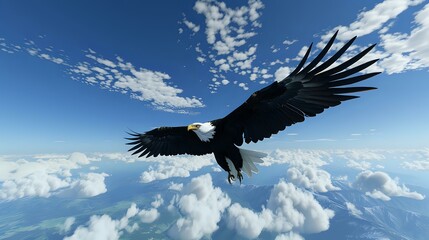 Fototapeta premium A majestic eagle soaring through a clear blue sky above fluffy white clouds.