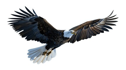 Obraz premium A majestic eagle soaring with outstretched wings against a white background.