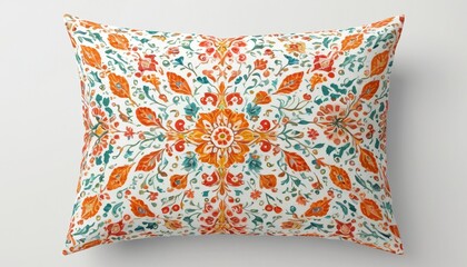 A vibrant model of a decorative throw pillow with unique patterns on a smooth white surface, adding comfort and style to living spaces, Generative AI