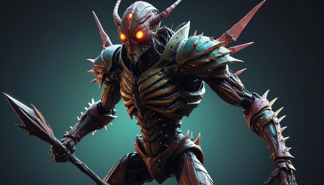 A towering, insectoid warrior with chitinous armor and glowing, compound eyes, holding a jagged spear as it prepares to attack, Generative AI