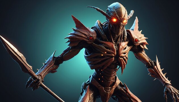 A towering, insectoid warrior with chitinous armor and glowing, compound eyes, holding a jagged spear as it prepares to attack, Generative AI