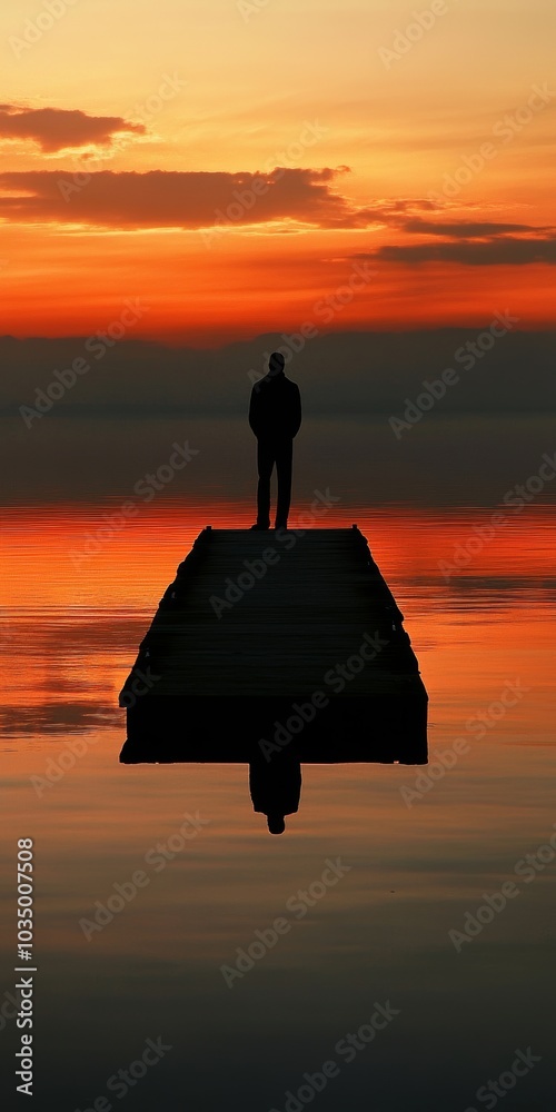 Wall mural Silhouette of a Person Standing on a Dock at Sunset with Vibrant Orange