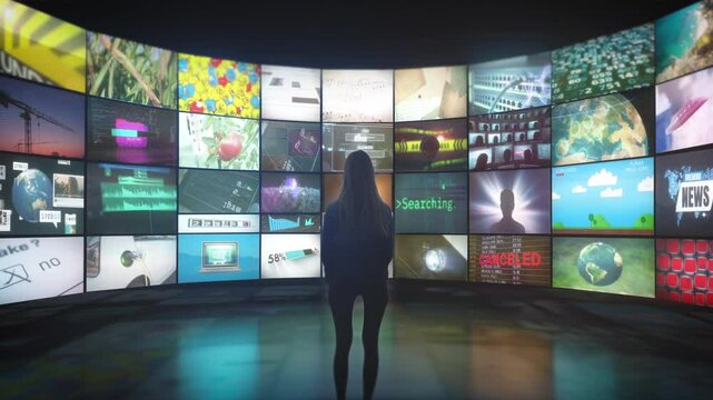 Dark silhouette of a woman standing in front of a variety of monitors with different content, concept mass media consumption, social media content