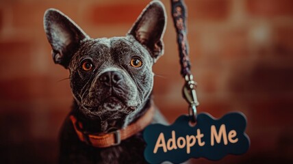 Brindle French Bulldog with brown collar and "Adopt Me" sign