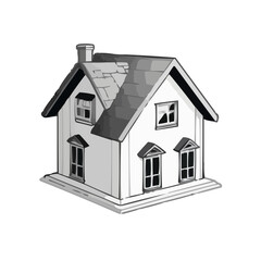 3D illustrated house with windows and chimney in black and white on a white background and copy space