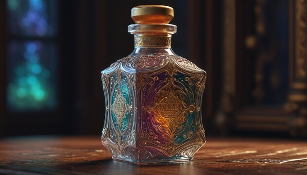 An elixir of invisibility contained in an ornate bottle, shimmering with ethereal light, ready for use in stealth missions, Generative AI