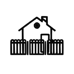 Outlined house with a fence in front on a white background and copy space