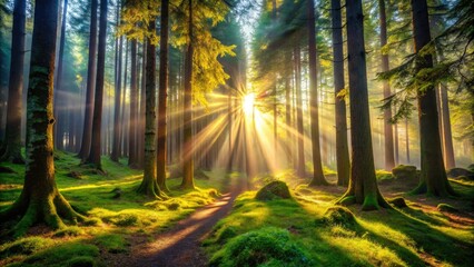 Fototapeta premium Sunlight cascades through a mysterious forest, creating a dance of shadows that invites wanderers to delve into its magical, uncharted wilderness full of wonders.