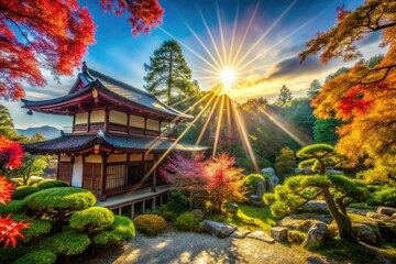 Obraz premium Sunlight dances through Japanese-inspired designs on a clear backdrop, perfect for enhancing creative projects with a touch of elegance and cultural charm.