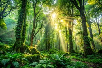 Obraz premium Sunlight filters through a thick canopy, illuminating a vibrant underbrush in a lush green forest, creating a serene and magical atmosphere rich in nature's wonders.