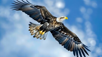 Obraz premium A majestic eagle soaring through a bright blue sky with outstretched wings.
