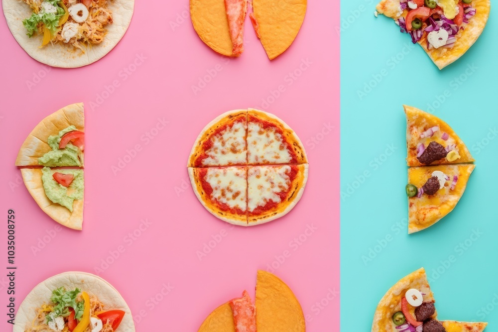 Poster An assortment of tacos and pizza slices arranged in a geometric pattern, showcasing a vibrant mix of colors and textures for food lovers. Generative AI