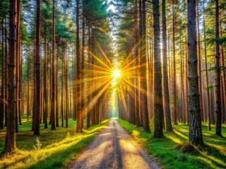Obraz premium Sunlight filters through the tall pine trees, casting a warm glow on a peaceful and balanced pathway, inviting wanderers to explore the tranquil forest scenery.