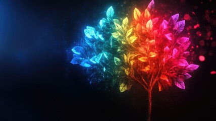 Obraz premium Vibrant tree with multicolored leaves against dark background, glowing in various hues