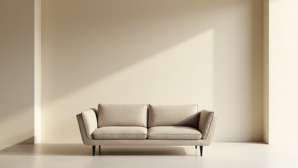 A sleek loveseat sits cozily on a minimalist floor in front of a large, empty beige stucco wall in this modern living space.