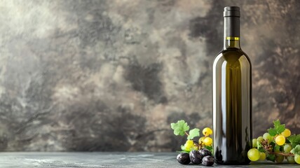 Obraz premium Dark wine bottle and grapes with artistic backdrop