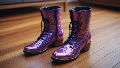 A pair of enchanted boots that shimmer with enchantments, showcasing their ability to enhance speed and agility, displayed on a wooden floor, Generative AI