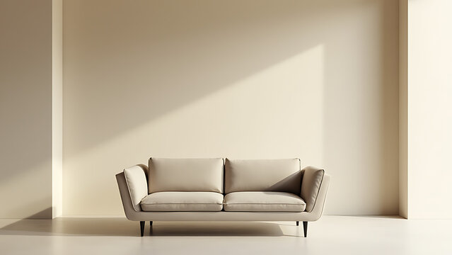 A sleek loveseat sits cozily on a minimalist floor in front of a large, empty beige stucco wall in this modern living space.