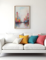 A sleek white sofa boasts vibrant cushions set against a pristine backdrop of a white wall adorned with an artistic poster.