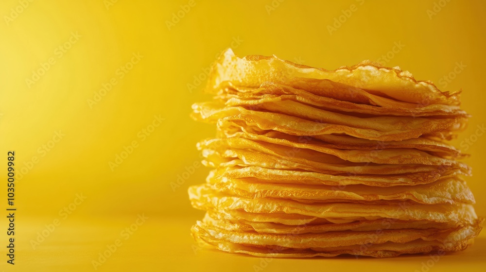 Poster A stack of golden crepes rests invitingly, perfect for filling or serving as a delightful breakfast treat. Generative AI