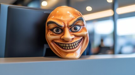 Creepy mask with exaggerated features on a desk in an office setting, AI