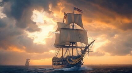 16th century British ship sails at sea
