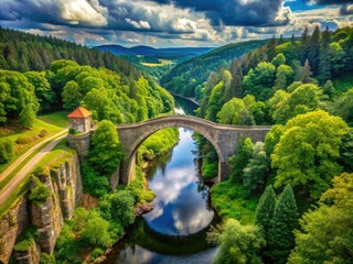 Fototapeta premium Surrounded by abundant greenery, the historic Devils Bridge in Saxony, Germany, showcases a breathtaking view, enchanting visitors with its beauty and historical significance.