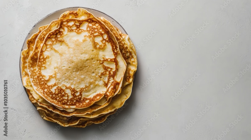 Poster warm and inviting stack of golden crepes sits on a plate, perfect for breakfast or dessert, waiting 