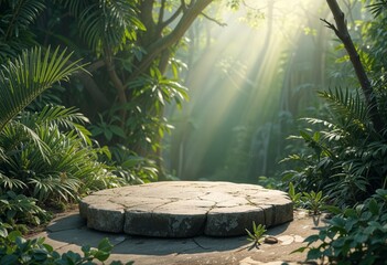 Empty tabletop podium in tropical forest product placement pedestal stand display, jungle paradise © Ksenia