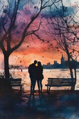 Romantic Couple Silhouette at Sunset by the Lake with City Skyline
