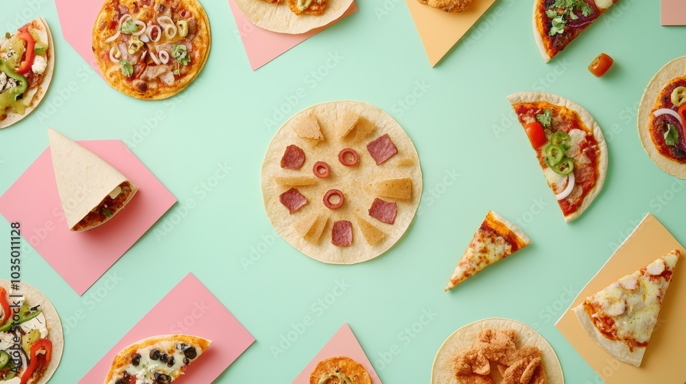 Poster a variety of tacos and pizzas are arranged in a geometric pattern on a vibrant backdrop, showcasing 