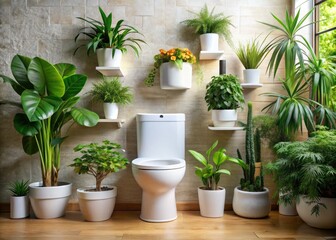 Surrounded by greenery and neatly placed paper rolls, the elegant white toilet bowl becomes a centerpiece, enhancing the modern bathroom's fresh and inviting aesthetic.