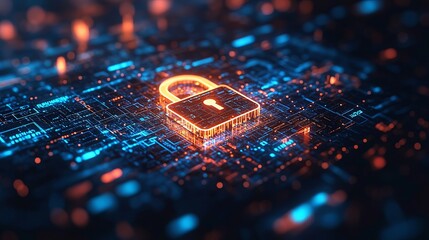 A vibrant image of an orange lock overlaid on a digital circuit board background symbolizes cybersecurity, data protection, and modern technological security measures.
