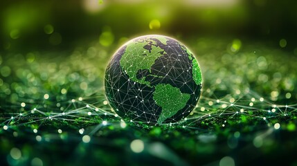 A digital representation of a globe, featuring green networks, symbolizes global connectivity and environmental awareness in a lush, green blurred forest setting.