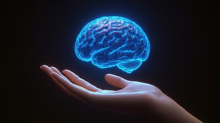 A hand outstretched holding a glowing holographic digital brain, symbolizing human intelligence, innovation, and the limitless potential of the mind.