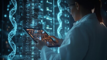 A focused scientist analyzes complex data on a digital screen with DNA strands surrounding, symbolizing genetic research, life sciences, and technological advancement.