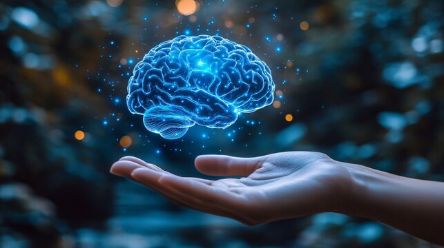 A glowing, digital brain floats above an open hand, symbolizing innovative thinking and intelligence in a magical forest environment with blurred lights.