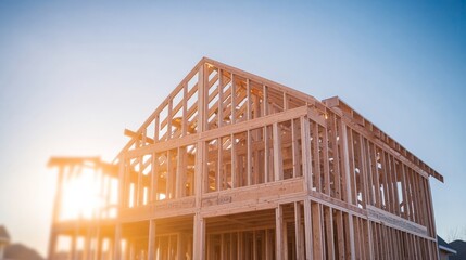 A wooden house frame is under construction at a sunny location, symbolizing new beginnings, home building, and the traditional craft of architecture.
