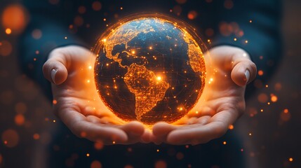 A digital representation of a glowing globe is held in human hands, demonstrating the concept of global connectivity and technology, with vibrant energy.