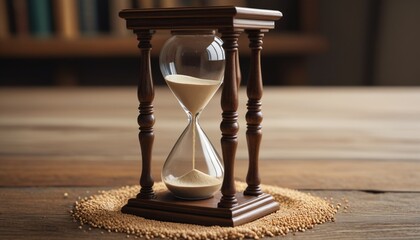 A time-bending hourglass that alters the flow of time, filled with shimmering sand, placed on an antique wooden desk, Generative AI
