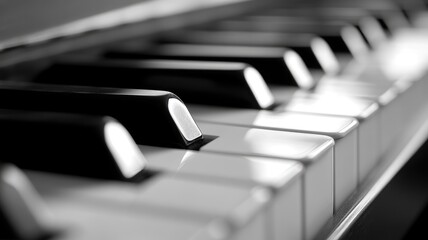 Up-close view of piano keys in black and white