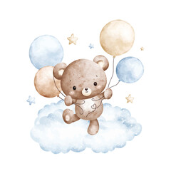 Watercolor Illustration Baby Teddy Bears and Blue Balloons on Cloud
