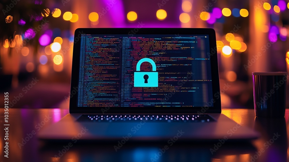 Wall mural a laptop displays colorful code with a lock icon, symbolizing security and data protection in a vibr
