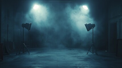 Inside a photography studio with moody lighting, mist fills the room, set by two spotlights to create a cinematic, mysterious atmosphere for painters and filmmakers.