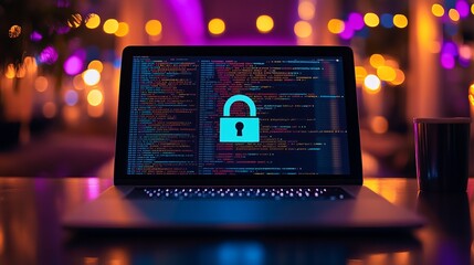 A laptop displays colorful code with a lock icon, symbolizing security and data protection in a vibrant, modern setting, emphasizing cybersecurity in the digital world.