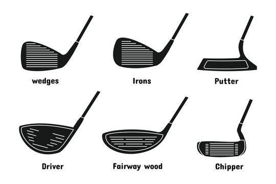 golf stick set design, various types and names. drivers, fairways, chippers, widgets, putters, irons. editable vector eps 10.