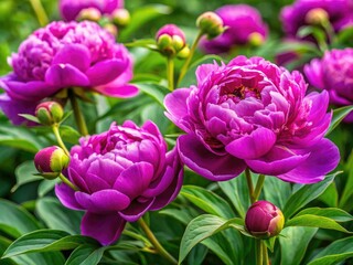 Fototapeta premium Surrounded by verdant greenery, the non-dissolved buds of lush purple peonies stand out beautifully, creating a captivating scene in this peaceful, natural environment.