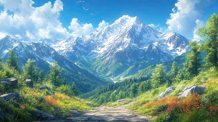 Fototapeta premium A beautiful mountain scenery with a green meadow, a dirt path, and a snow capped peak in the distance